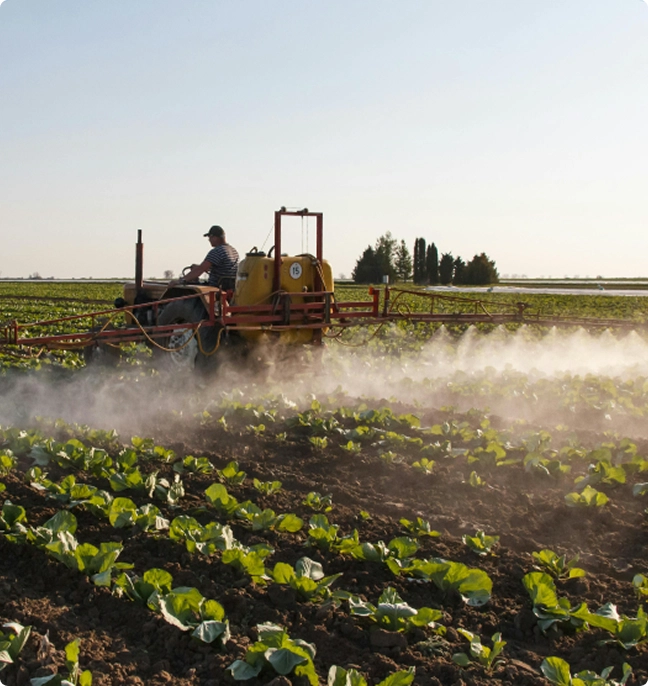 An Irish farmer driving a tractor with a sprayer across a field of young leafy crops.